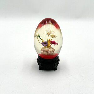 Vintage Lucite Egg Paperweight Embedded Dried Flower Seashells With stand
